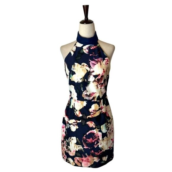 Finders Keepers Dress Women XS Blue Floral Print Halter Neck Illuminati Mini‎ - Picture 2 of 12